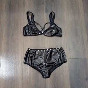 Small black faux leather hot shorts bikini set